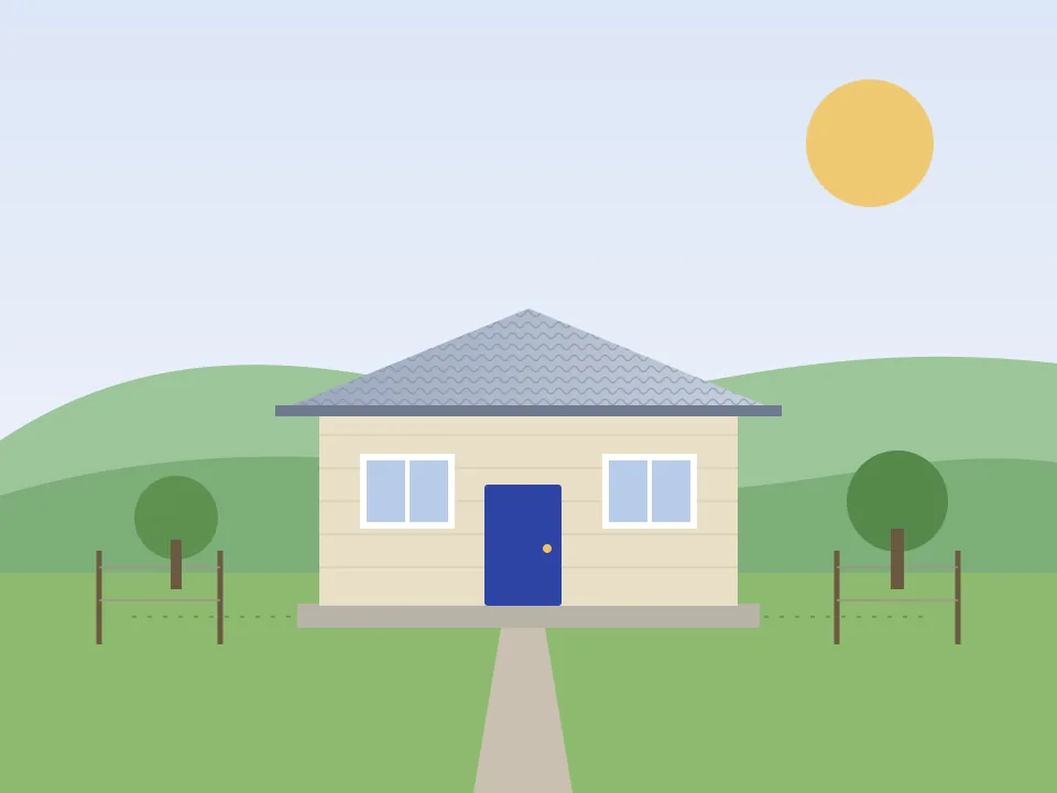 Ilustración de una casa de bono de una planta, con techo de zinc, en un lote con cerca y zacate